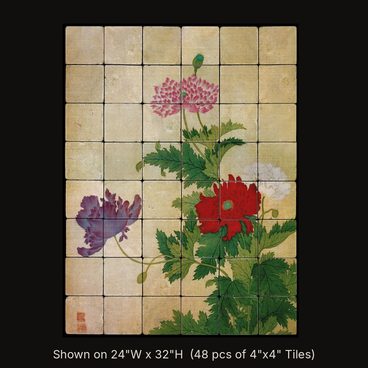 Opium Poppy by Yun Bing, stone mural shown on 24"W x 32"H (48 pcs of 4"x4" tumbled marble tiles)