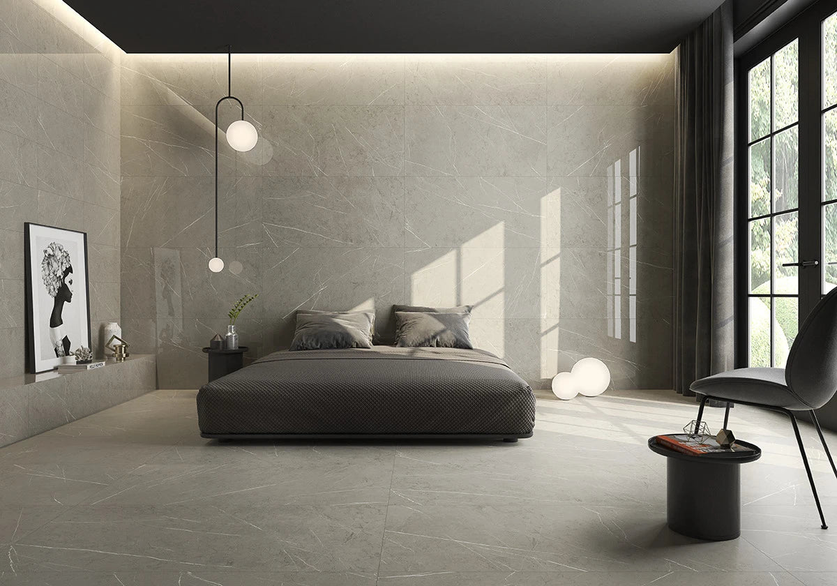 Piasentina Smoke Porcelain Tile – room scene