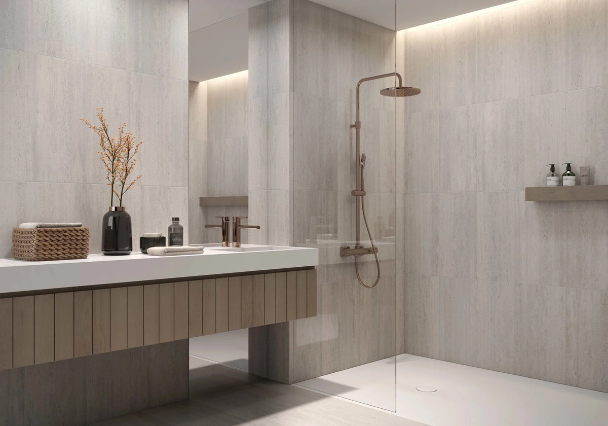 Savoy Travertine Gray Porcelain Tile – room scene