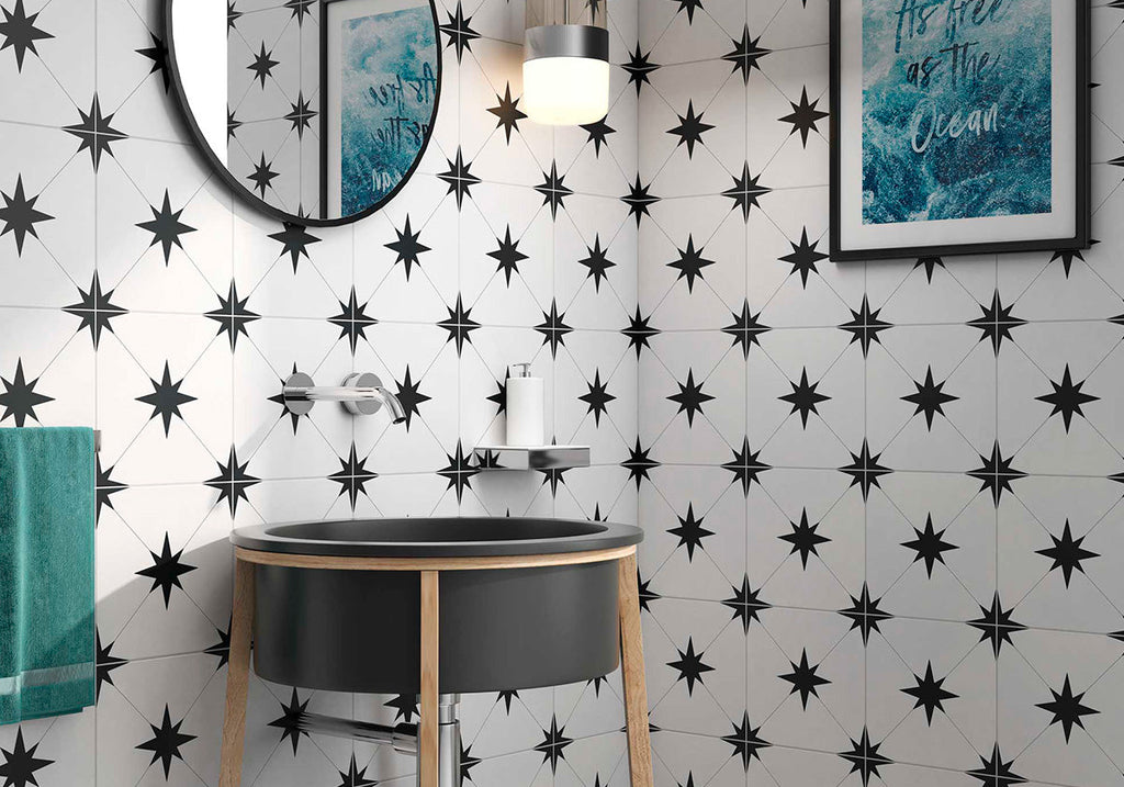 Starburst Llevant Black Porcelain Tile – room scene