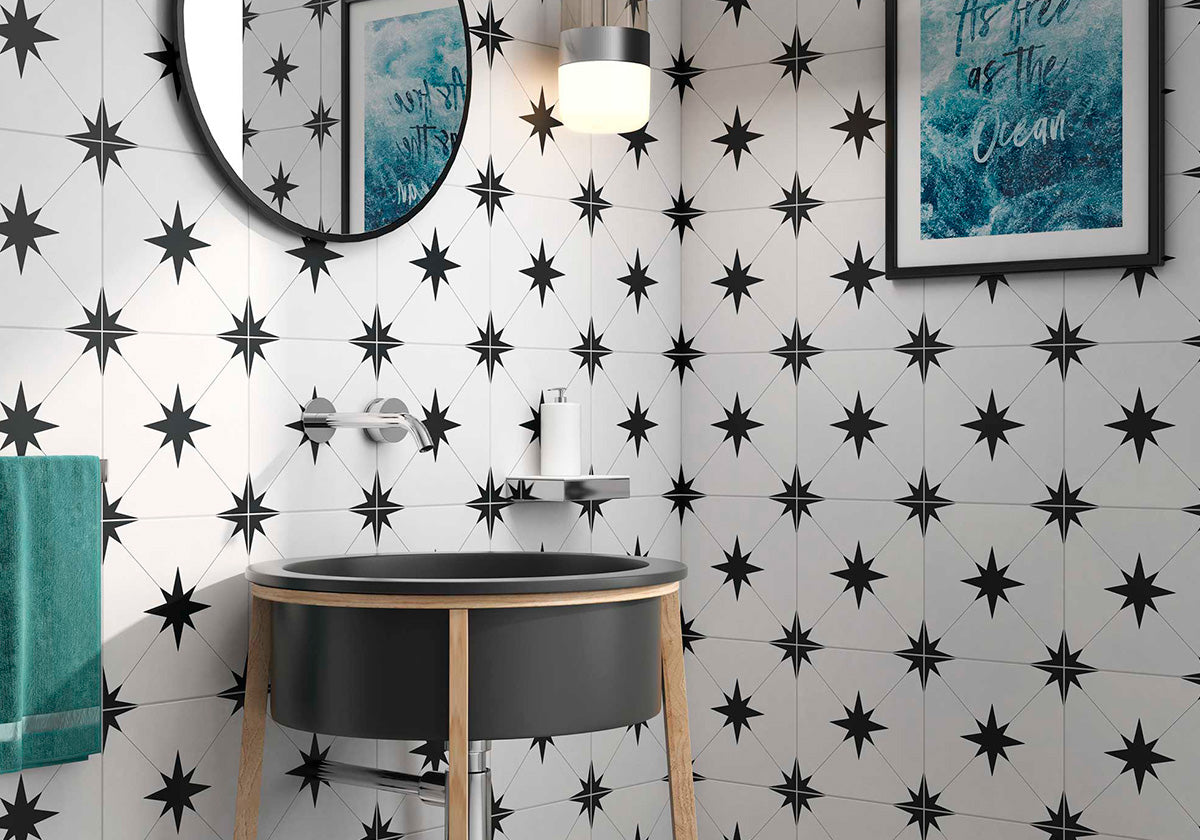 Starburst Llevant Black Porcelain Tile – room scene