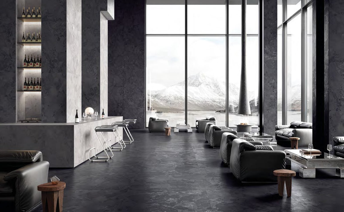 Calypso Dark Porcelain Tile in a lounge with a bar