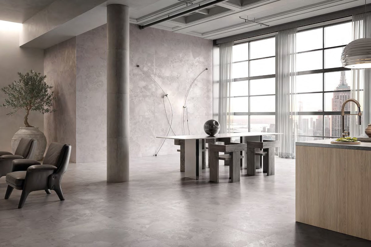 Calypso Eclipse Porcelain Tile in a loft kitchen and dining area