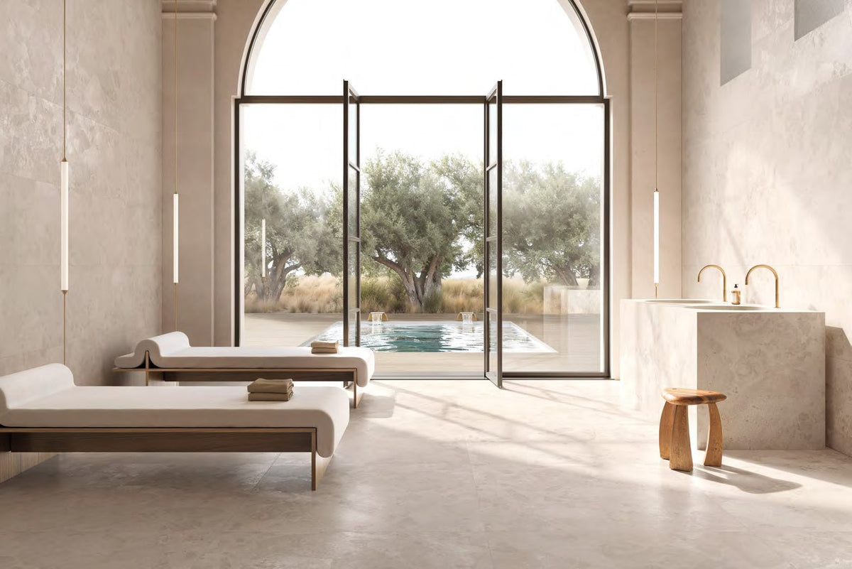 Calypso Glow Porcelain Tile in a bathroom with a pool view
