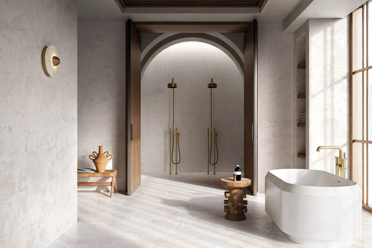 Calypso Shine Porcelain Tile in a bathroom