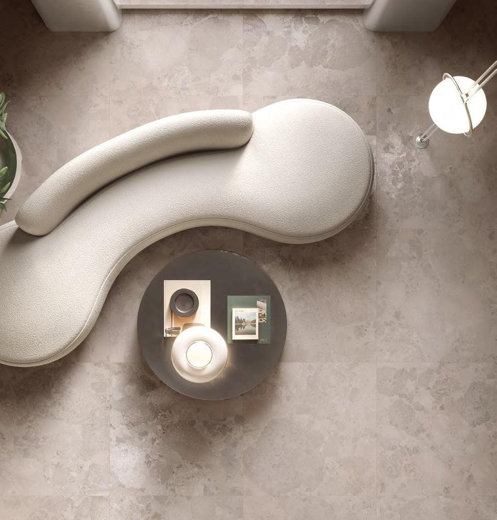 Calypso Twilight Porcelain Tile in a living room, top view