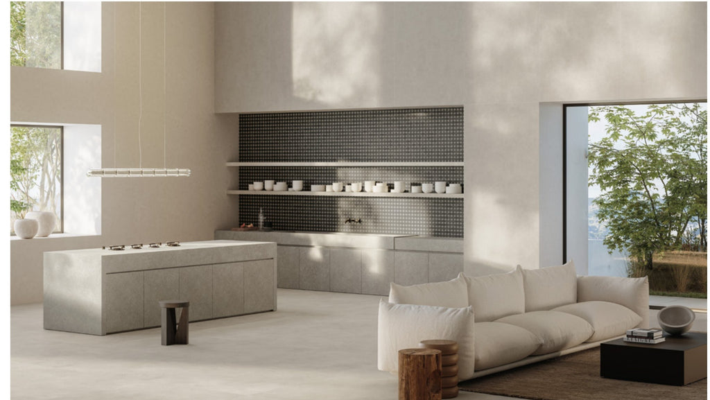 Curiosity Haze Porcelain Tile in an open-plan kitchen and living room