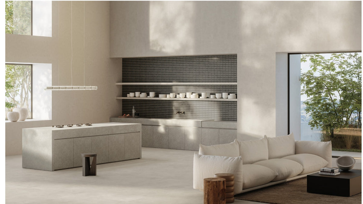 Curiosity Haze Porcelain Tile in an open-plan kitchen and living room