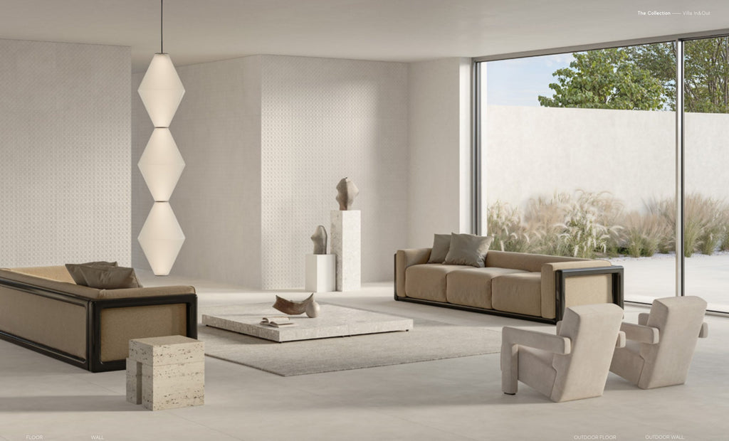 Curiosity Ice Porcelain Tile in a living room opening onto a terrace