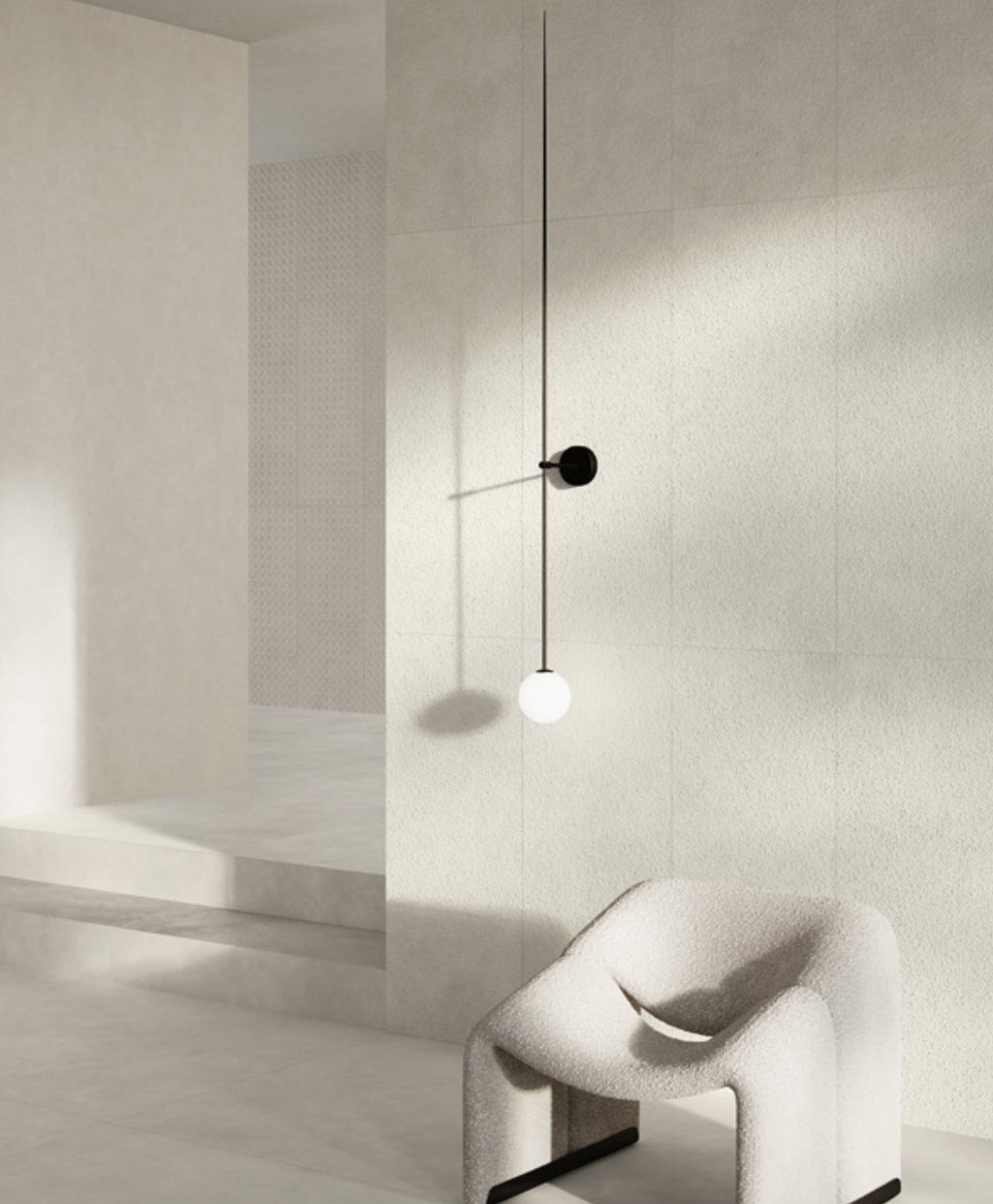 Curiosity Ice Porcelain Tile in a sitting area