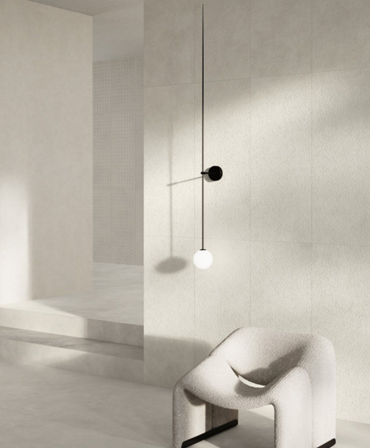 Curiosity Ice Porcelain Tile in a sitting area