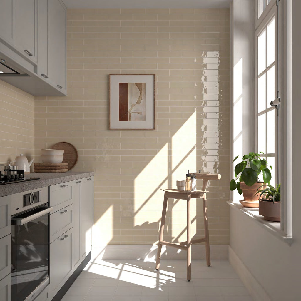 Cusp Latte Ceramic Wall Tile in a kitchen