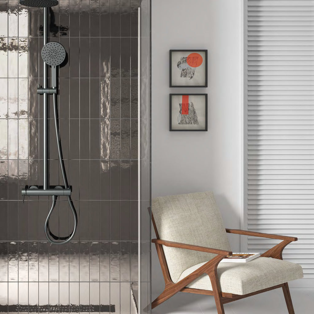 Cusp Steel Ceramic Wall Tile on a bathroom wall