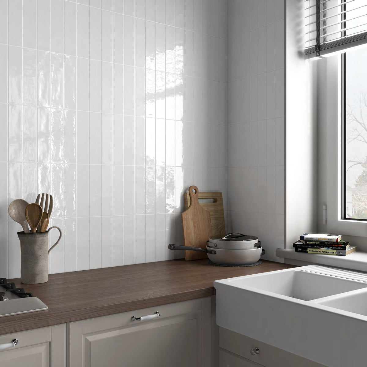 Cusp White Ceramic Wall Tile in a kitchen