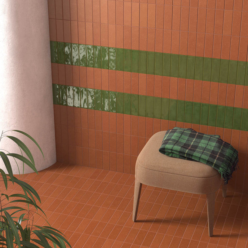 Fango Cotto Porcelain Tile installed with Green accent