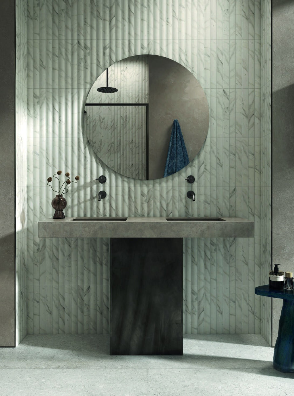 Fluted Delight Elegant White Ceramic Wall Tile in a bathroom