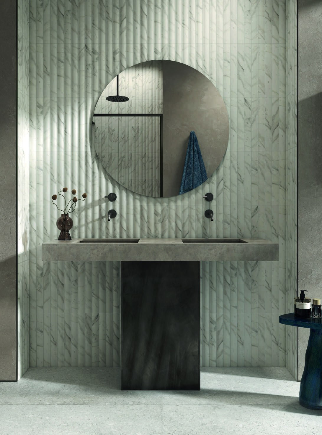 Fluted Delight Elegant White Ceramic Wall Tile in a bathroom