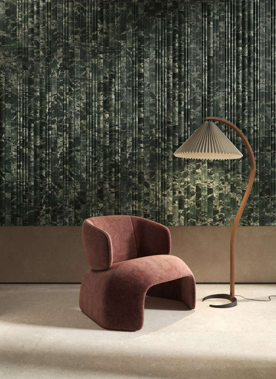 Fluted Delight Green Denis Ceramic Wall Tile in a lounge