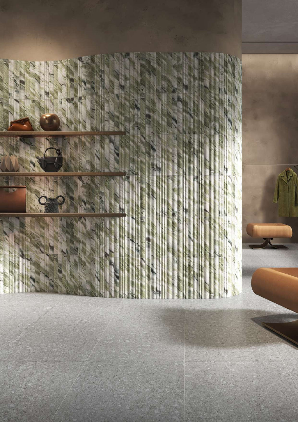 Fluted Delight River Jade Ceramic Wall Tile on a wall, close-up