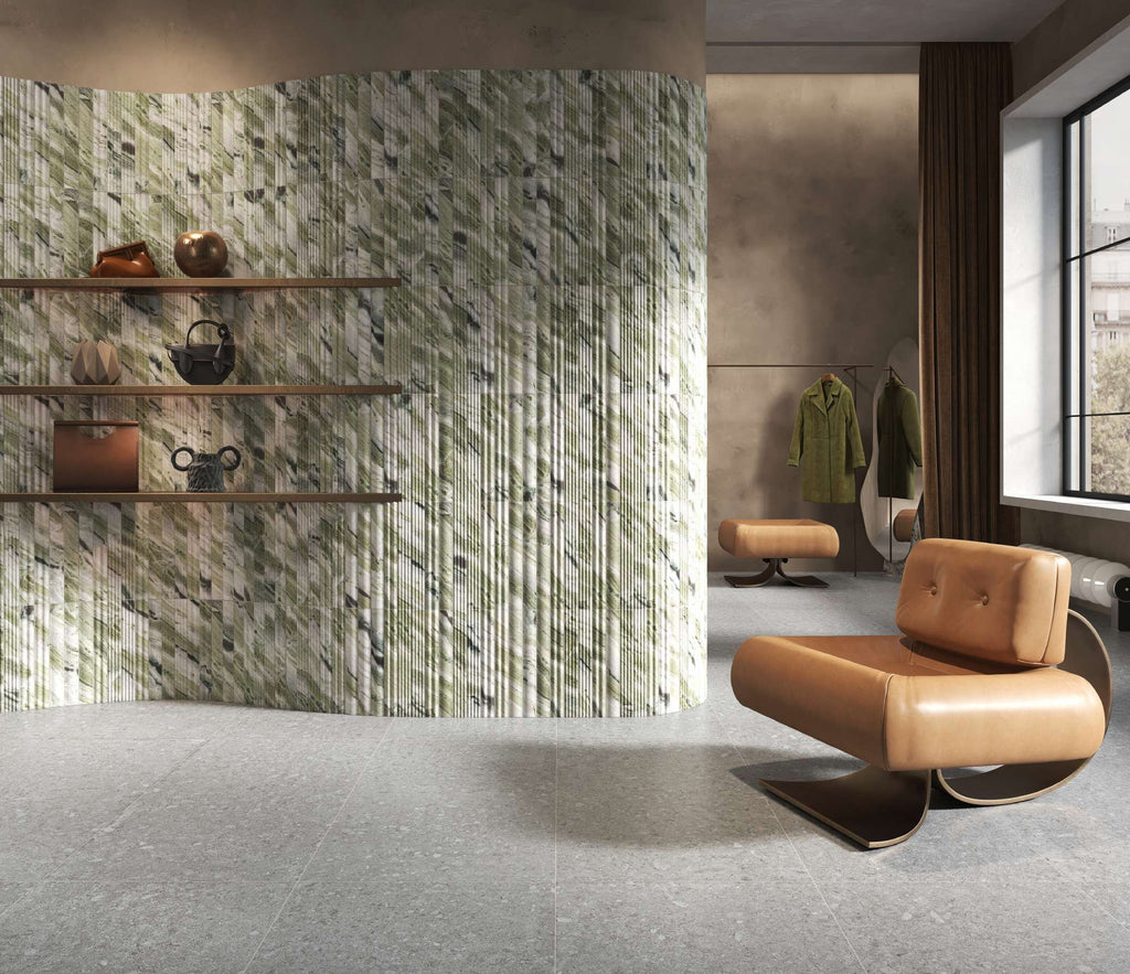 Fluted Delight River Jade Ceramic Wall Tile in a living room