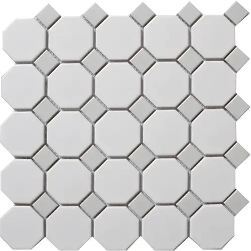 CC Mosaics Snow White & Gray Octagon Porcelain Mosaic Tile