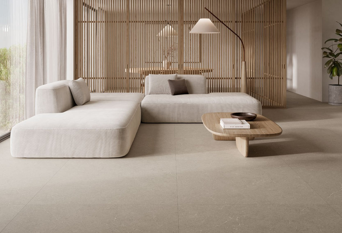 Holbox Beige Porcelain Tile in a living room