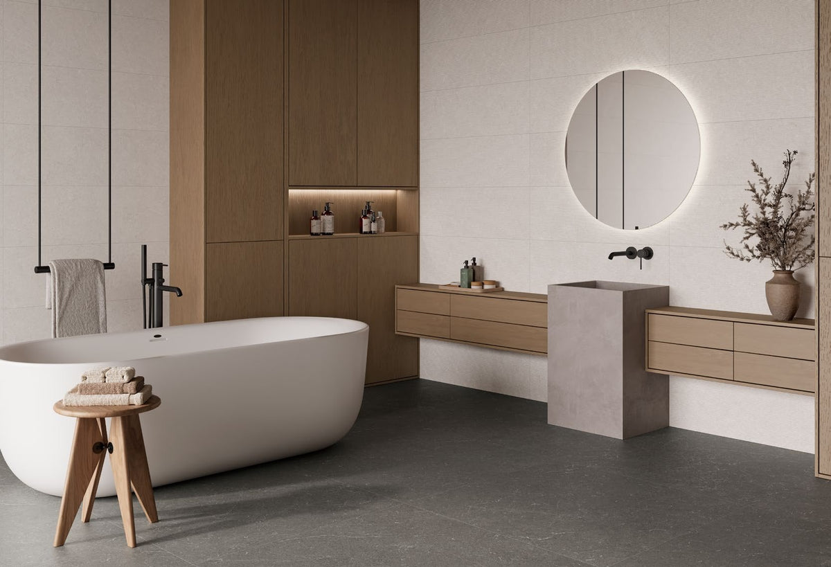 Holbox Light Porcelain Tile in a bathroom