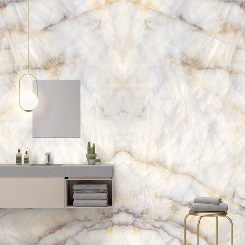 Crystal Ivory porcelain slab bookmatched bathroom wall