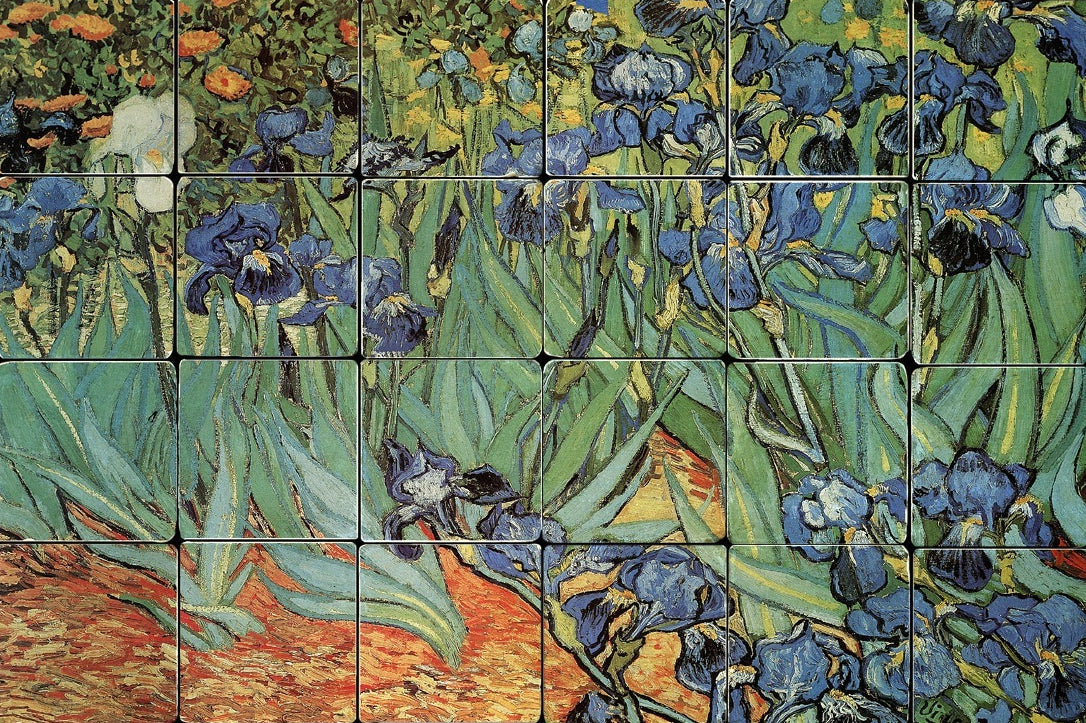 Van Gogh Irises reproduced as a tumbled marble tile mural