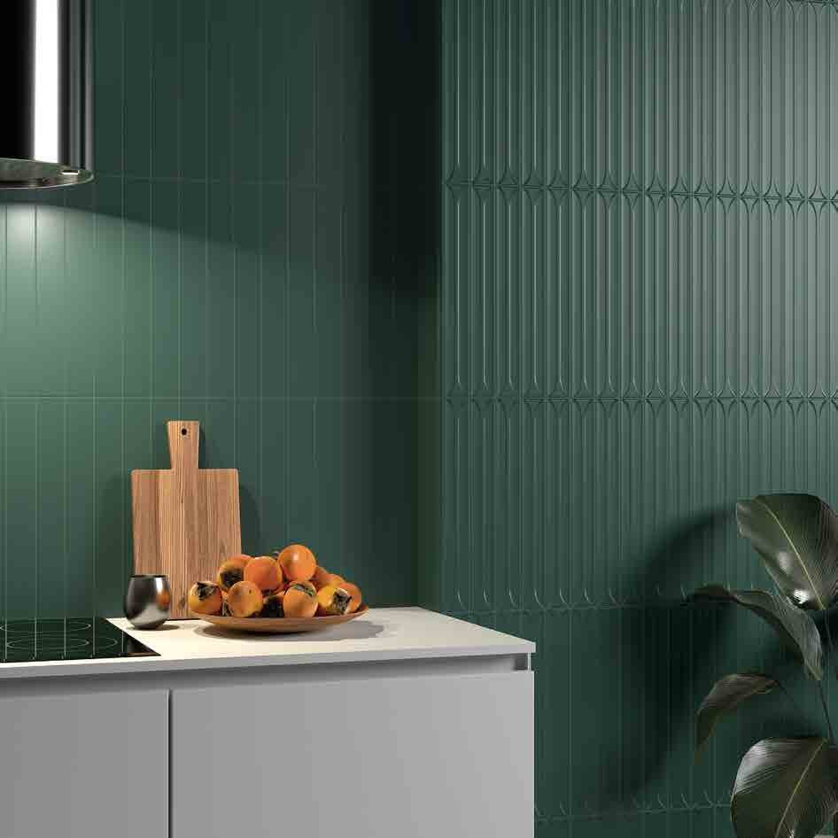 Mingle Laurel Green Ceramic Wall Tile in a kitchen