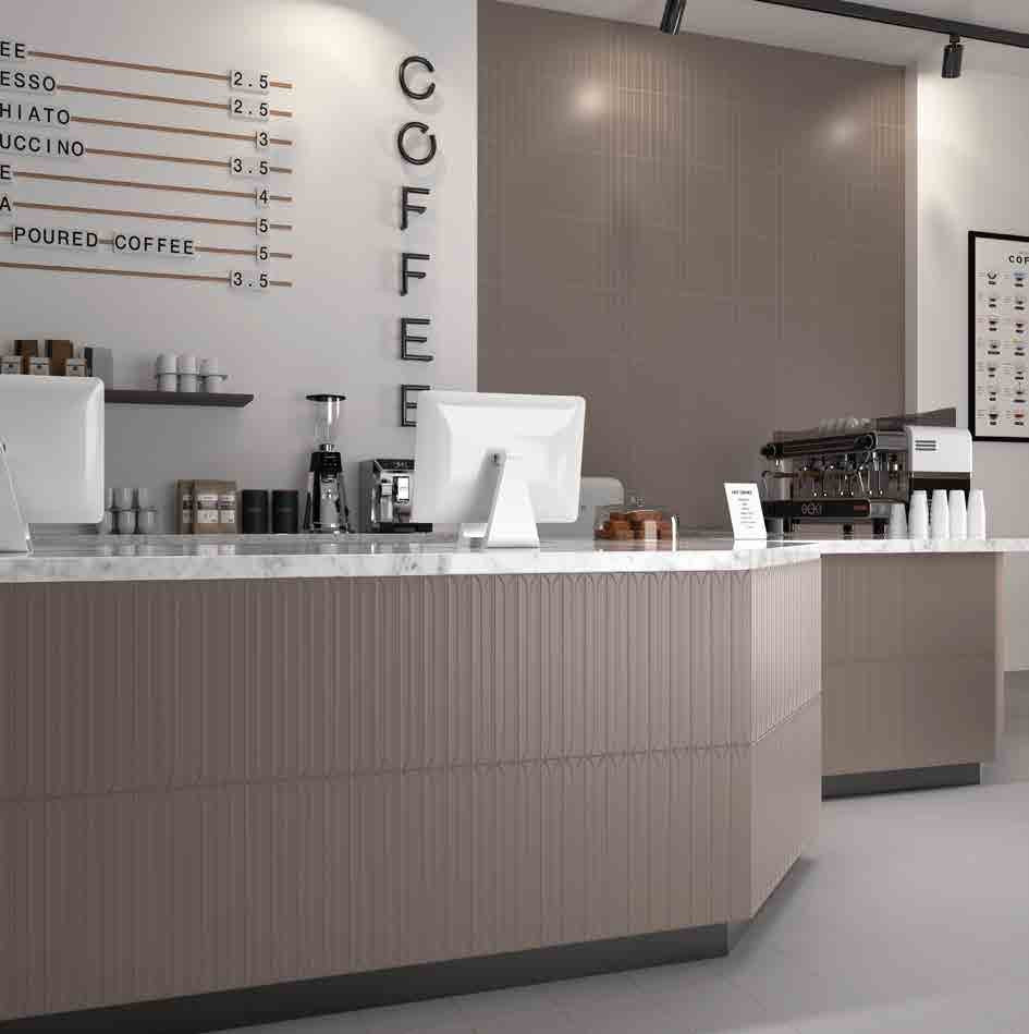 Mingle Taupe Ceramic Wall Tile on a café counter