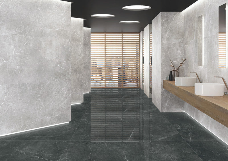 Soapstone Silver Porcelain Tile installed