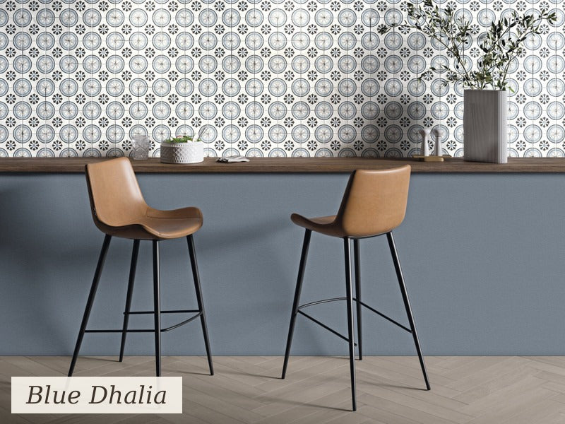 Tanger Blue Dhalia tile on a kitchen wall
