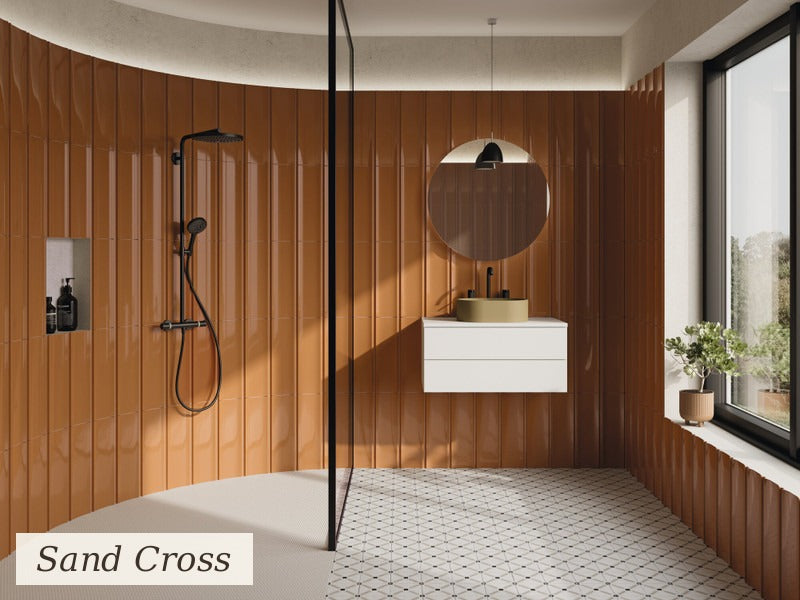 Tanger Sand Cross tile bathroom floor