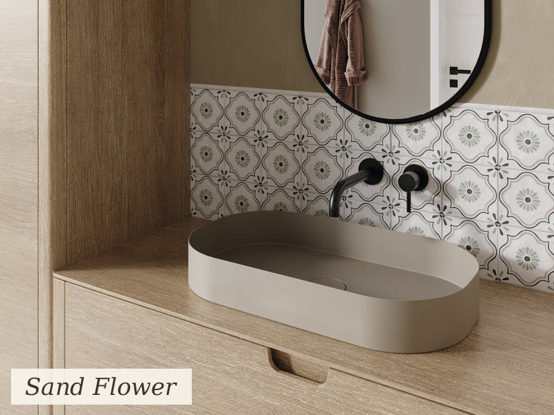 Tanger Sand Flower tile vanity backsplash
