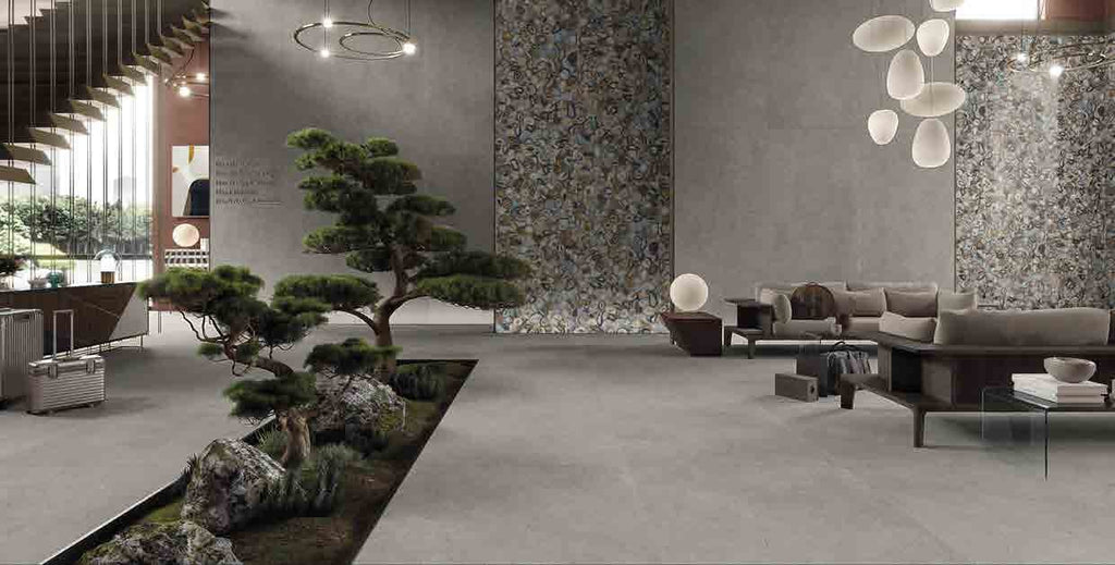 Vesta Grey Porcelain Tile in an atrium lobby
