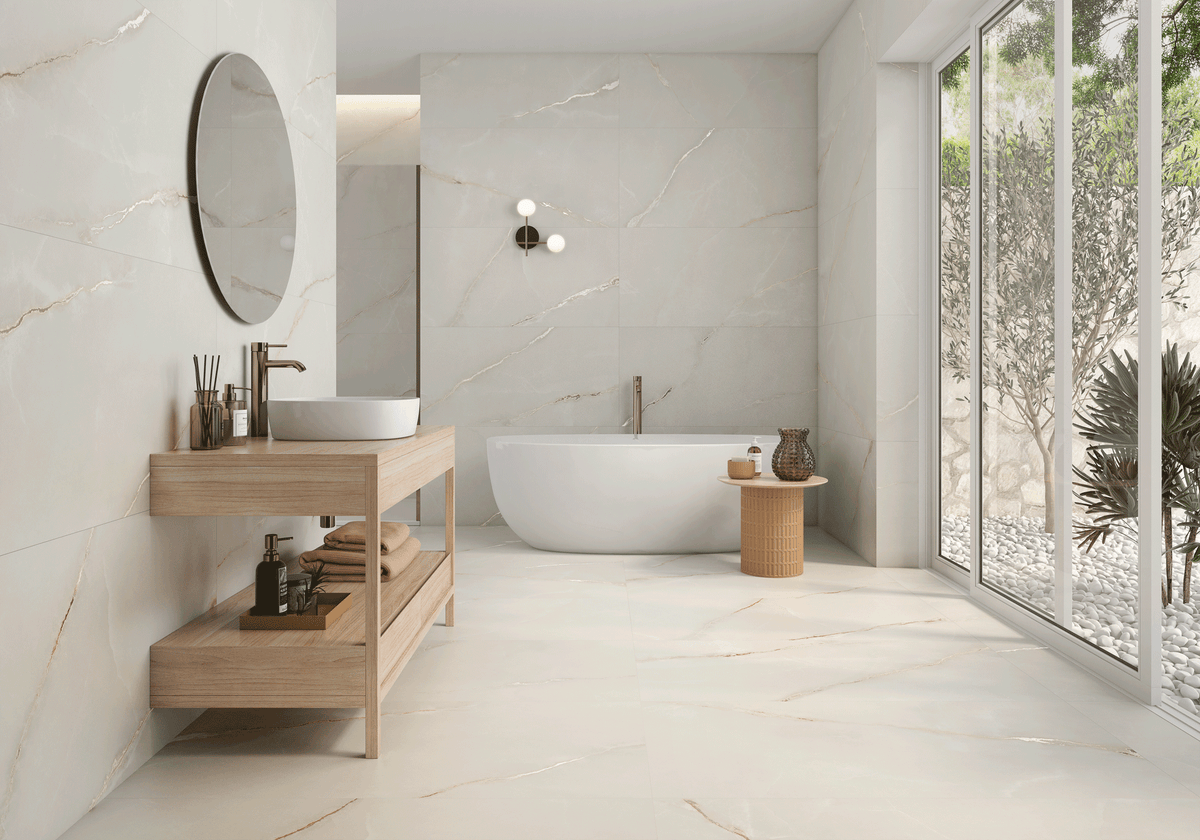 Onice Supreme Marfil Porcelain Tile – room scene