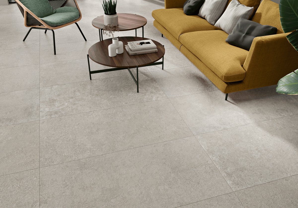 June Gris Porcelain Tile – room scene