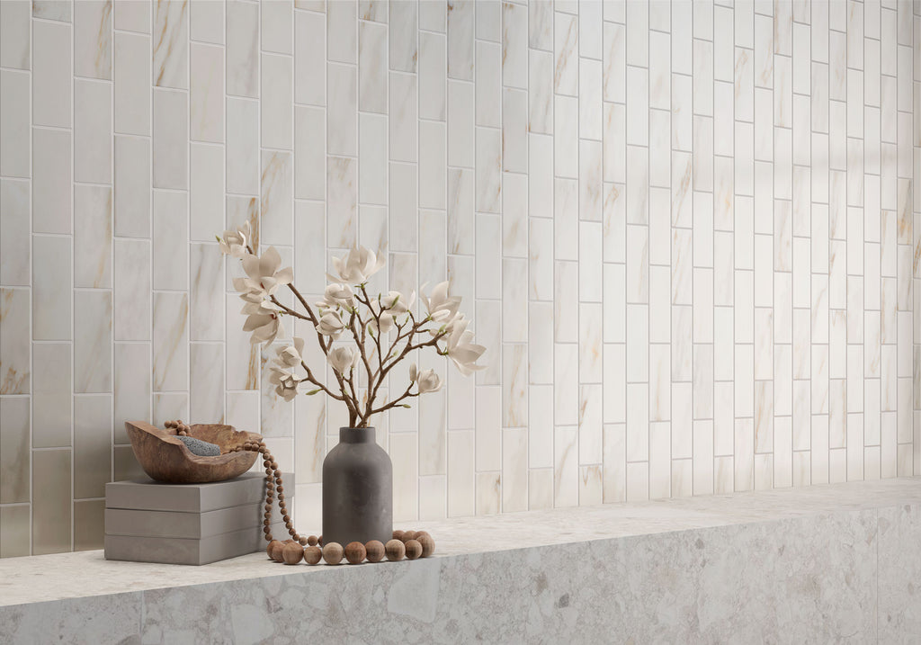 Rockart Calacata Gold Brick Marble Mosaic Tile – room scene